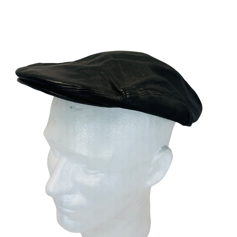 Wilson Leather Newsboy Flat Cap Ivy Driver Hat Black Genuine Leather L Vtg Biker